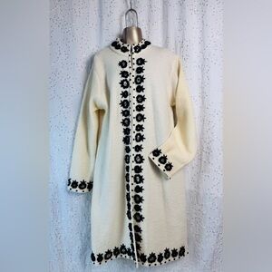 KENAR 100% Wool Long Sweater Jacket – Ivory with Black Floral Trim (XL, NWT)